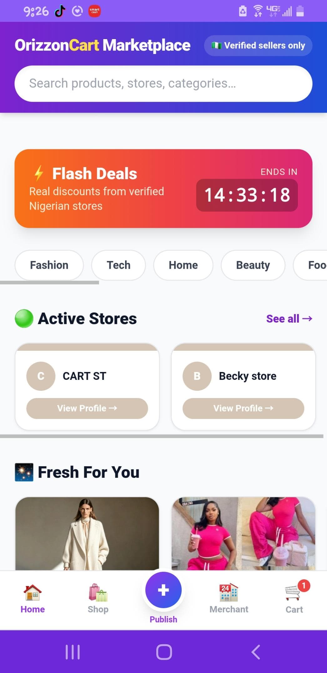 OrizzonCart Marketplace home — Flash Deals, Active Stores