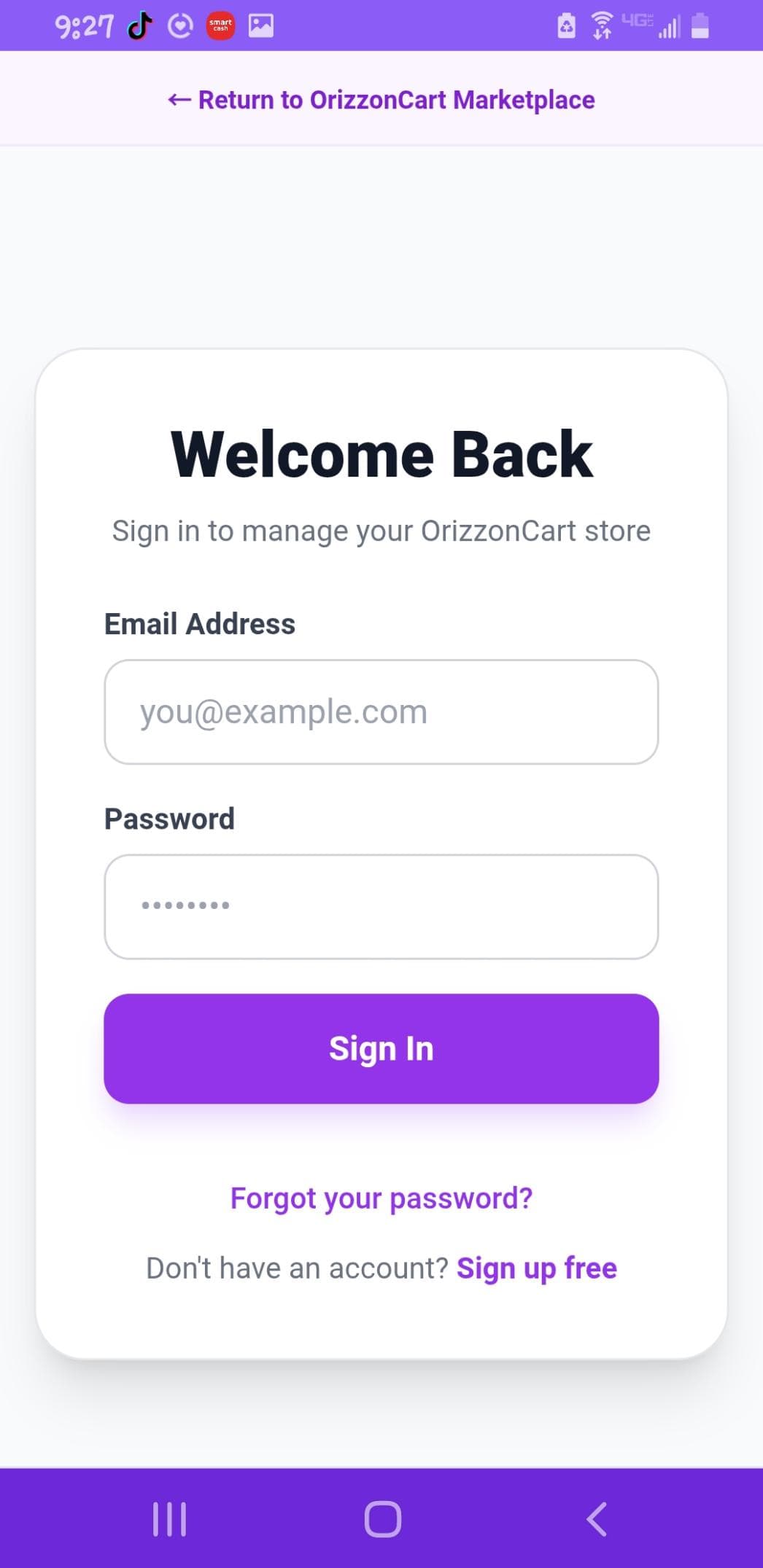 OrizzonCart Welcome Back — Sign in to manage your store