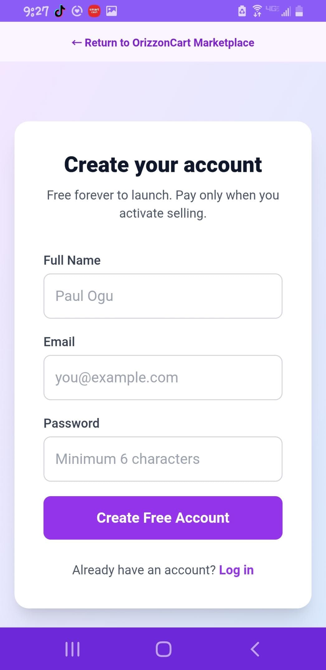 OrizzonCart Create your account — Sign up free to launch your online store
