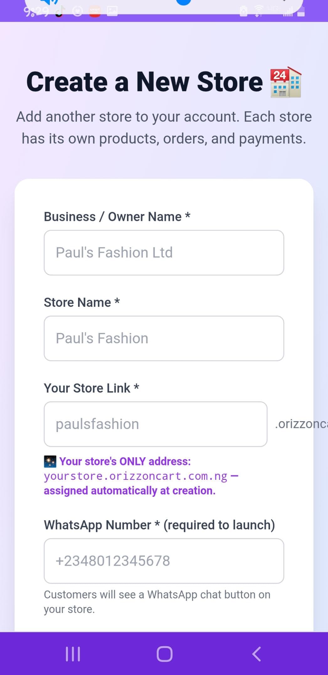 OrizzonCart Create a New Store form example for Paul's Fashion