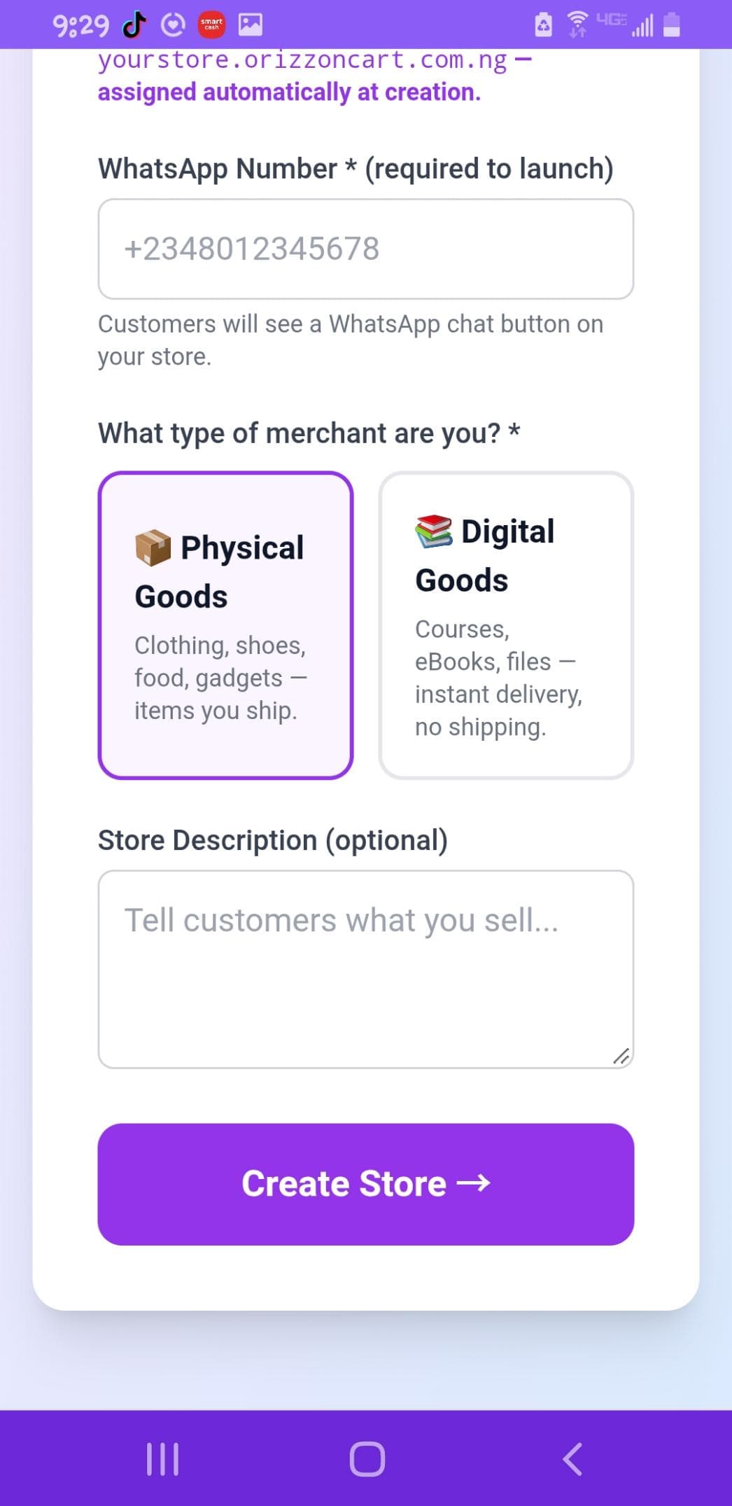 OrizzonCart merchant type selection — Physical Goods or Digital Goods
