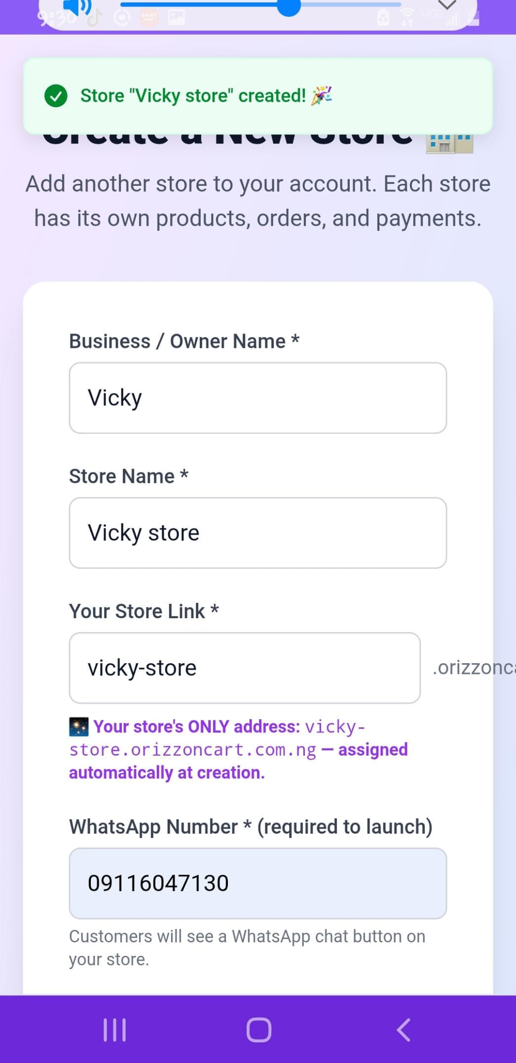 OrizzonCart Create a New Store — Business name, store name, store link and WhatsApp number